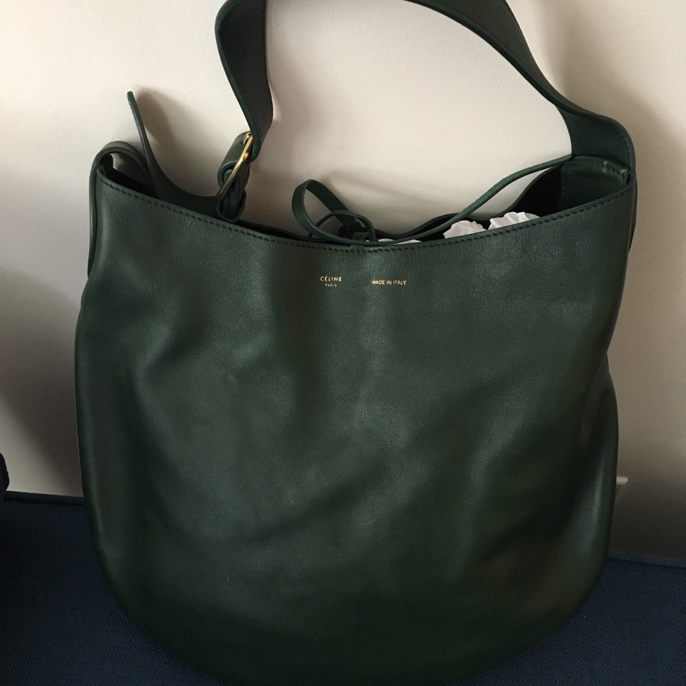 Celine Hunter Green Leather Tie-top Hobo Handbag